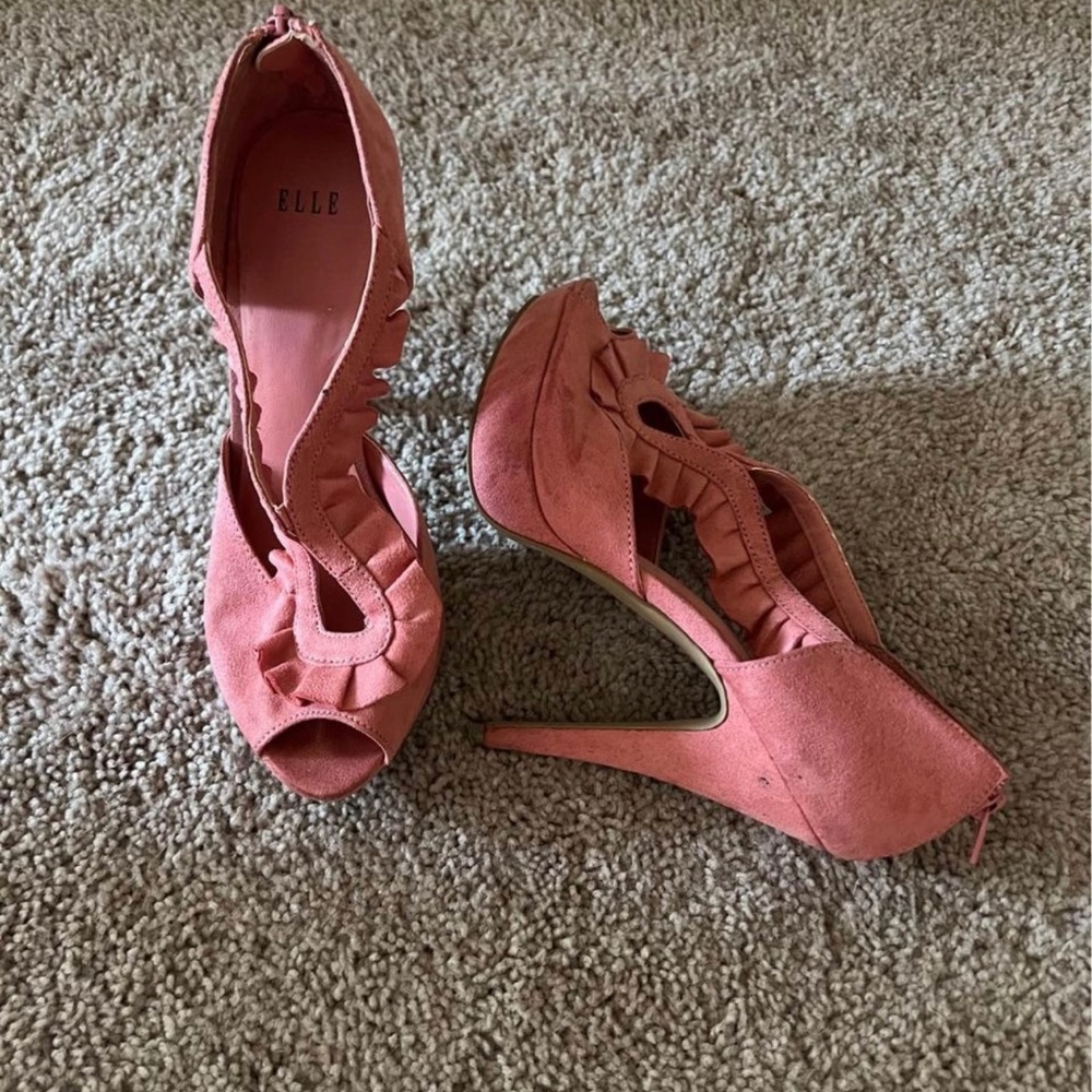Coral colored velvet platform heels